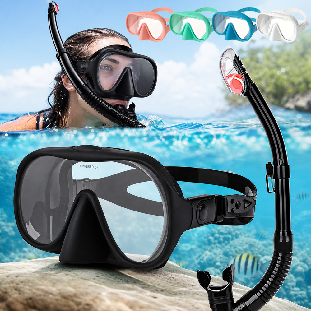 Snorkel Set - ชุดสน็อกเกิลสำหรับผู้ใหญ่ หน้ากากสน็อกเกิลแบบกึ่งแห้ง เลนส์กระจกนิรภัย ขอบซิลิโคน ป้องกันการรั่วซึม อุปกรณ์ดำน้ำสำหรับสน็อกเกิลและฟรีไดฟ์
